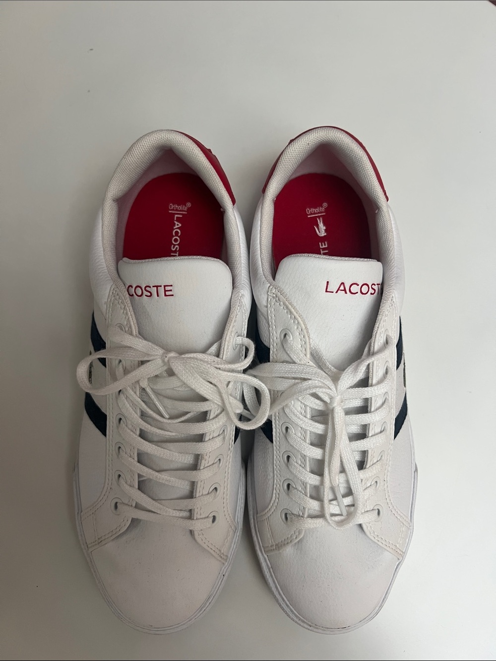 Lacoste White Sneakers with Navy Stripes and Red Heel Tab - Picture 5 of 5